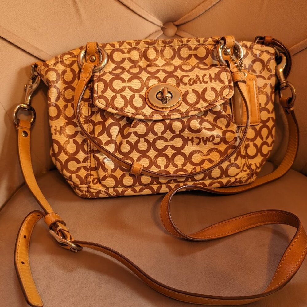 Authentic Coach Leah Optic Art Coated Canvas Brown Ivory Leather Handles 13141 - Picture 7 of 8